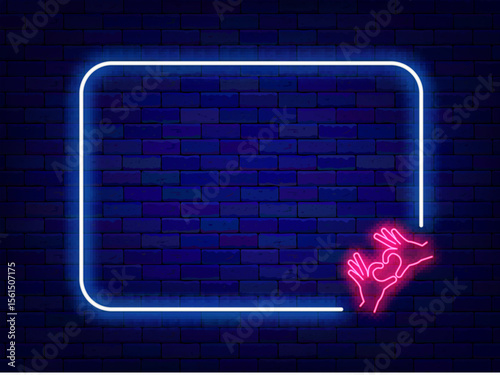 Happy Valentines day neon poster. Two hands with heart pose. February shopping and party. Vector stock illustration
