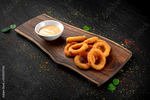 Golden fried onion rings or calamari served as a crispy appetizer on a dark background. Classic comfort snack.