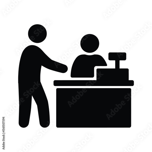 Customer interacting with cashier at a counter with a cash register icon