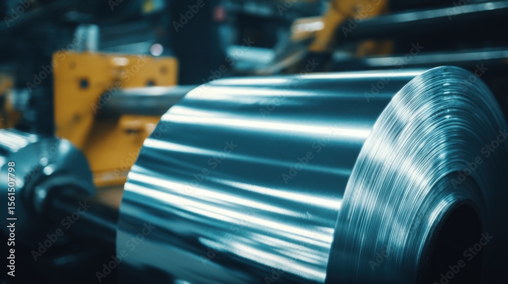 Fototapeta premium Industrial metal coil being processed with machinery in factory setting for manufacturing.