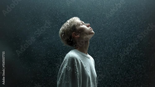 A serene figure stands still in a torrent of swirling mist and rain, embodying tranquility in the face of nature's fury. This captivating moment captures resilience and introspection.