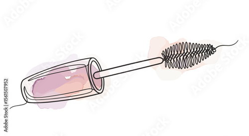 Mascara Wand with Brush – one-line doodle drawing, watercolor fill in graphite black, soft mauve and peach