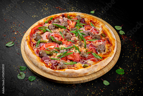 Juicy appetizing pizza on a dark black background. Hot melted cheese, golden crust, and rich toppings styled in a minimal yet delicious presentation.