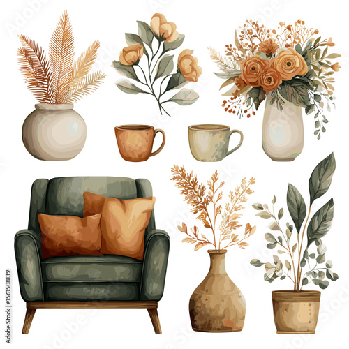 Decorative elements including chair, vases, flowers, and mugs in warm tones  