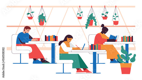 Three people studying at tables in a brightly lit room with hanging plants and books displayed on tables