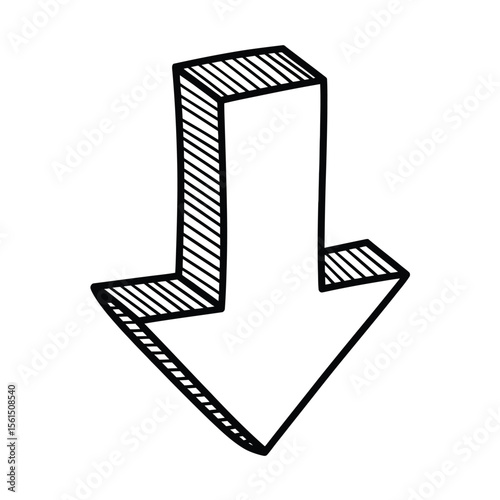 Hand drawn 3d arrow pointing downwards with black outline and hatching shading
