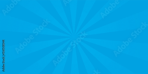 Comic background. Pop art texture. Starburst cartoon style. Anime design with explosion effect for print. Fun dot pattern. Blue backdrop with halftone gradient.