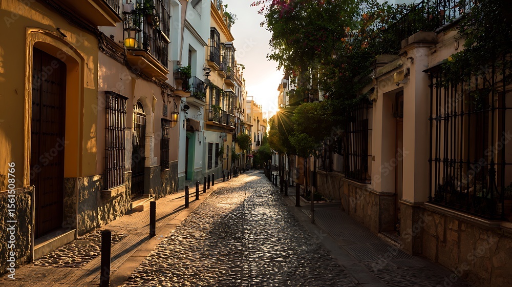 Fototapeta premium Serene sunrise on cobblestone street in Madrid Spain with soft golden light casting long shadows, highlighting old buildings and creating tranquil urban scene with empty foreground for design