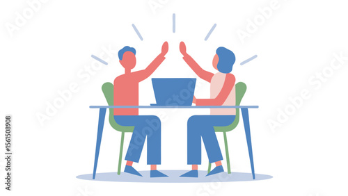 Two colleagues high fiving at a desk with a laptop in an office setting showing teamwork and success