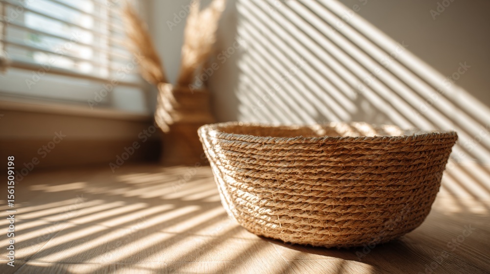 Fototapeta premium Cozy woven basket on wooden surface with sunlight and shadows indoor decor.