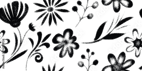 Hand outline drawing floral seamless pattern, flowers and leaves, noisy texture, pointillism, vector design