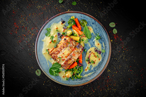 Baked salmon fillet served with a mix of vegetables on a dark background. Healthy gourmet dish.