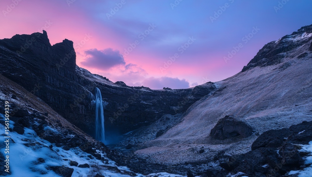 Obraz premium Majestic waterfall cascading down rocky mountain valley at sunrise, displaying vibrant pink and blue hues in the sky.