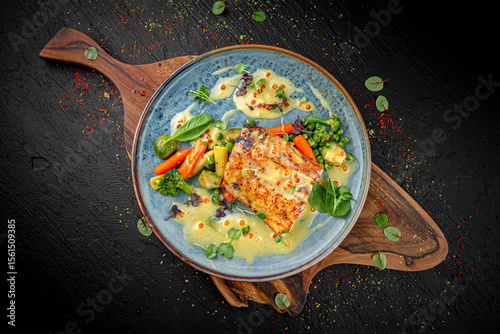 Baked salmon fillet served with a mix of vegetables on a dark background. Healthy gourmet dish.