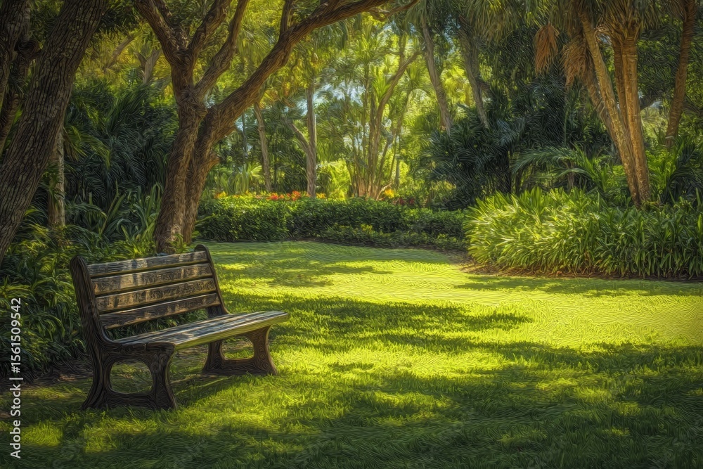 Serene park bench under shady trees, lush green grass, vibrant flowers. Serene park bench under shady trees, lush green grass, vibrant flowers.