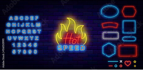 Hot speed neon emblem with fire. Auto rally. Geometric borders set. Drift show. Vector stock illustration