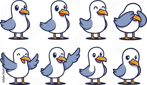 vector illustration of seagull bird funny cute cartoon mascot character cartoon with 8 poses 01