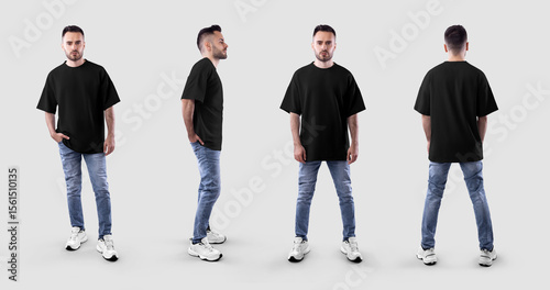 Template of black t-shirt on bearded guy in full height, front, side, back view, for design, pattern print, branding, advertising. Set