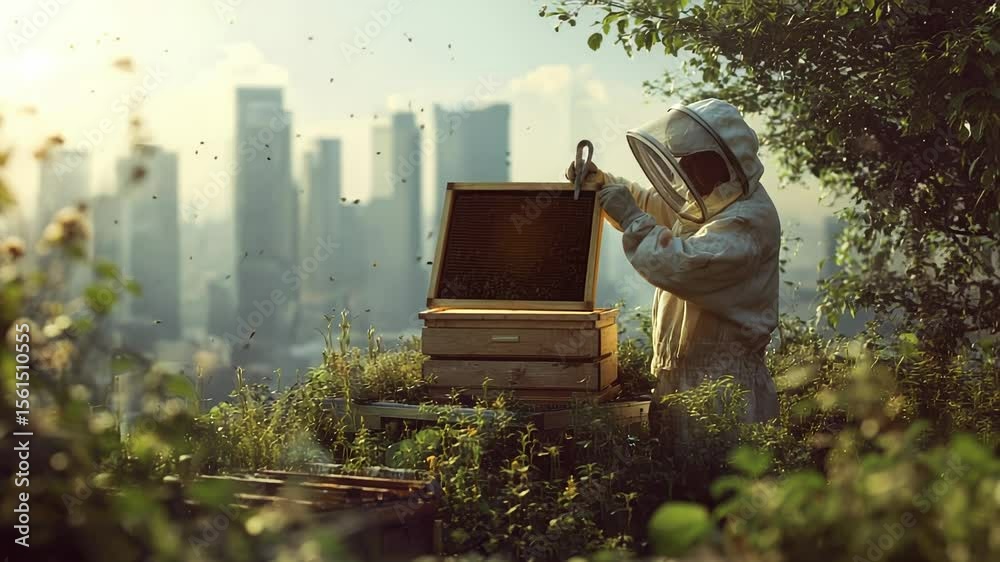 In a vibrant green space atop a city rooftop, a passionate beekeeper carefully inspects hives. Bees dance around, thriving in the warmth of a golden afternoon sun, blending nature and urban life.