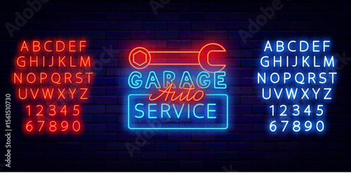 Garage auto service neon label. Car service. Adjustable wrench. Shiny blue red alphabet. Vector stock illustration
