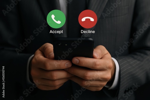 A person holding a smartphone with accept and decline call options.
