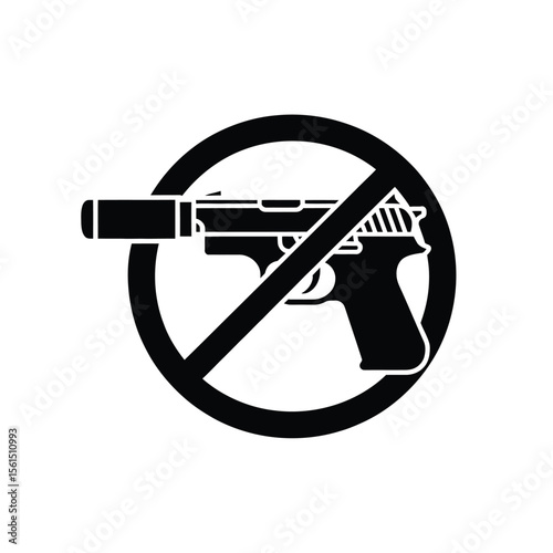 Black silhouette of a handgun with a silencer inside a red prohibition circle