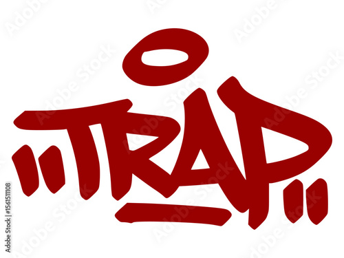 Dark red graffiti tag "Trap" with gritty drip style and transparent background. Refers to trap music, hustle culture, and urban grind.