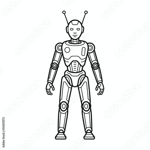 Stylized line drawing of a humanoid robot standing straight with antennae
