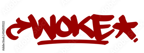 Aware red graffiti tag "Woke" with powerful drip lines and transparent background. Slang for being socially conscious or alert.