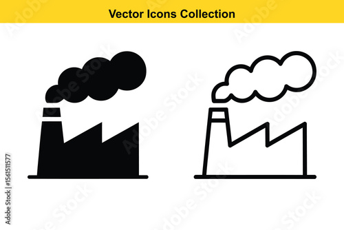Factory icon with smoke billowing from chimney in solid and outline styles