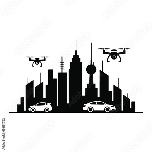 Futuristic city skyline with drones and autonomous cars in silhouette