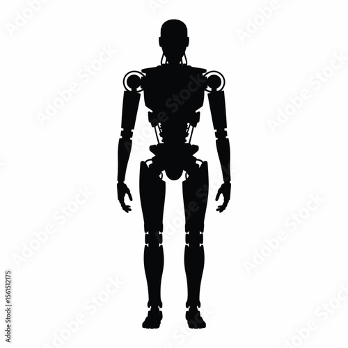 Silhouette of a humanoid robot standing against a white background
