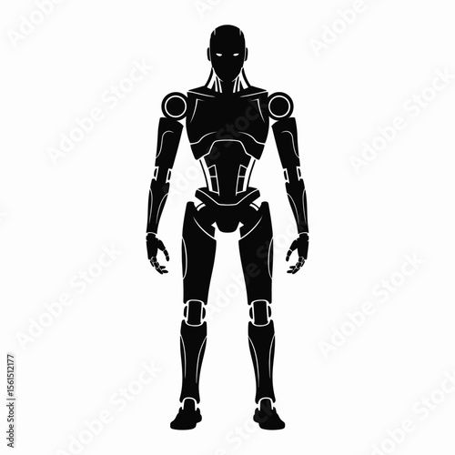 Full body silhouette of a futuristic humanoid robot standing against a white background