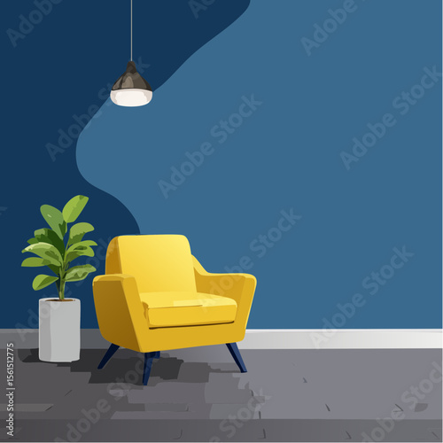 Minimalist high-contrast image of a bright colored chair against a vibrant colored wall