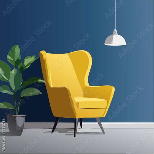 Minimalist high-contrast image of a bright colored chair against a vibrant colored wall