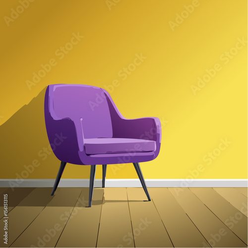 Minimalist high-contrast image of a bright colored chair against a vibrant colored wall