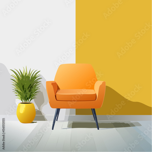 Minimalist high-contrast image of a bright colored chair against a vibrant colored wall