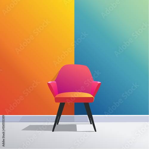 Minimalist high-contrast image of a bright colored chair against a vibrant colored wall