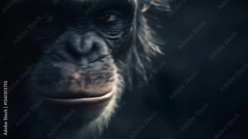 Chimpanzee Profile in Dark Lighting, Close-Up of Primate Face and Fur Texture