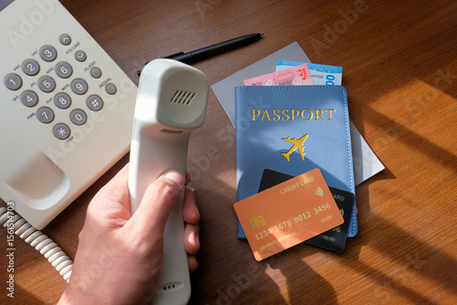 A person holding a hotel phone handset next to travel essentials including a credit card, passport, and currency on a wooden desk. Suitable for tourism, or financial transactions in travel