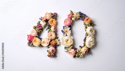 Number 40 made out of flowers with solid white background. Photo for 40th birthday or anniversary party