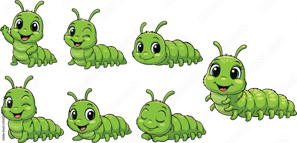 Naklejka premium vector illustration of caterpillar worm maggot insect funny cute cartoon mascot character cartoon with 7 poses 01