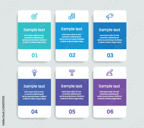 Business infographic vector design template with 6 options, steps or processes. Can be used for workflow layout, diagram, annual report, web design	
