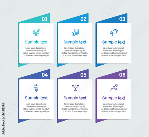 Business infographic vector design template with 6 options, steps or processes. Can be used for workflow layout, diagram, annual report, web design	
