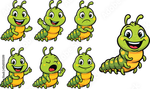vector illustration of caterpillar worm maggot insect funny cute cartoon mascot character cartoon with 7 poses 02