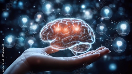 Wallpaper Mural Abstract Wireframe Brain with Neuron Network Held in Hand Illustration Torontodigital.ca