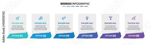 Business infographic vector design template with 6 options, steps or processes. Can be used for workflow layout, diagram, annual report, web design	
