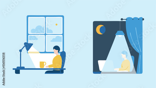  showing a person working at a desk during the day and night in different scenes