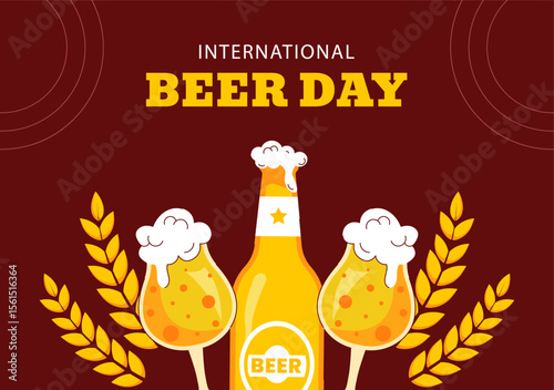 International Beer Day Design with Hand Drawn Beer Glass and Cartoon Social Media Background