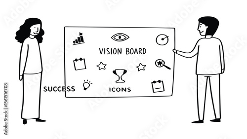 Two people standing next to a vision board with icons representing success and planning for the future